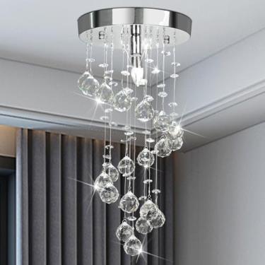 Imagem de CRYSTOP Elegante lustre de montagem embutida em espiral, lustre moderno de gota de chuva de cristal, luminária de teto pendente para quarto, corredor, sala de estar, 20 cm x 40 cm de