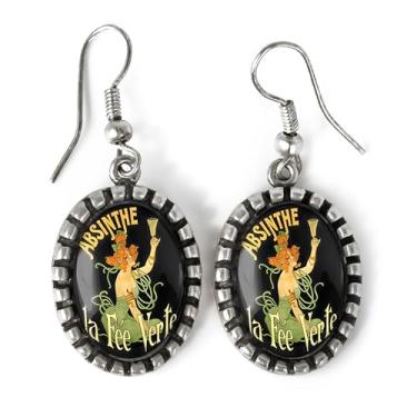 Imagem de Brincos de absinto - Vintage Alcohol Poster Art Antique Silver Drop Earrings - 276-SOE, vidro, cabochão