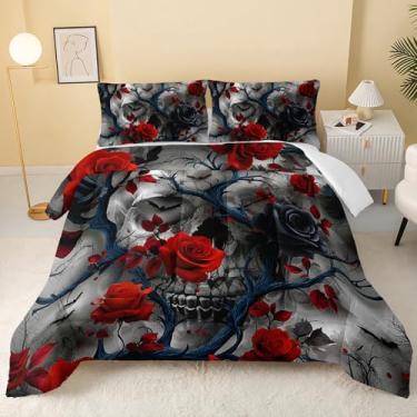 Imagem de QOOMO Conjunto de cama solteiro com flores vermelhas, estampa de plantas, para decoração de quarto de meninos e adolescentes, macio e leve para todas as estações, 1 edredom e 2 fronhas