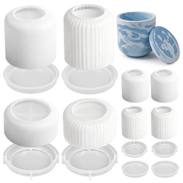 Imagem de YBEATY 8 peças de molde de silicone para vela com tampa, caixa de moldes de resina listrada redonda, tigela de armazenamento, vaso de flores criativo, moldes de concreto para joias epóxi