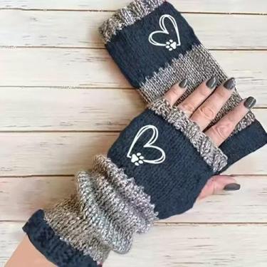 Imagem de Luvas femininas térmicas de inverno para tela sensível ao toque com bordado de coração e pata, design em bloco de cores, punhos elásticos para atividades ao ar livre, luvas de inverno, equipamentos