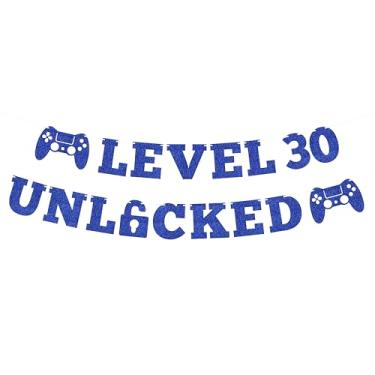 Imagem de Banner pré-amarrado nível 30 desbloqueado - decorações de feliz aniversário de 30 anos com glitter azul royal para mulheres e homens, adereços de cabine de fotos
