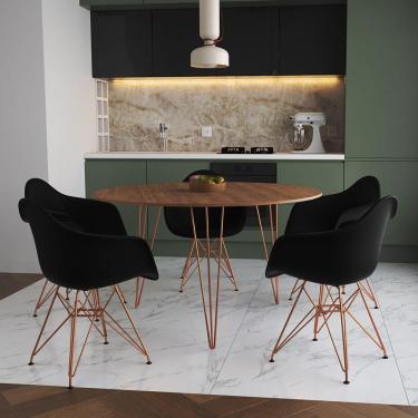 Imagem de Mesa Jantar Redonda 110Cm Amêndoa Clips 3 Pés Com 5 Poltronas Pretas Base Cobre Marrom