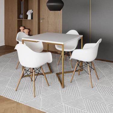 Imagem de Mesa Jantar Industrial Quadrada 90Cm Branca Base V Dourada Com 4 Poltronas Daw Madeira Marrom