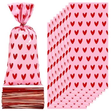 Imagem de FYSUIMU 100 unidades de sacos de guloseimas de celofane de plástico para doces rosa vermelho amor coração violoncelo saco de presente com laços torcidos para casamento dia das mães festa suprimentos