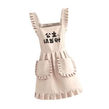 Imagem de AFXGUSD retrô com babados, estilo empregada doméstica, para cozinha, feminino, com bolsos, Bege