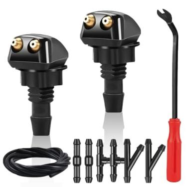 Imagem de DUSCOKE Kit de bicos de lavador de para-brisa dianteiro para carro, incluindo spray de limpador reto de furo duplo, adaptadores de conector tipo I/Y/T e mangueira de fluido, aspersor universal de