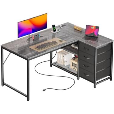 Imagem de PRAISUN Mesa de 110 cm em forma de L com tomadas elétricas e porta USB-C, mesa de escritório reversível de canto de computador com 4 gavetas de tecido e 2 prateleiras ajustáveis em altura, pequena