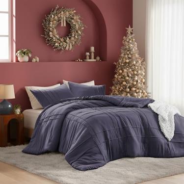 Imagem de Conjunto de edredom King com pregas de beliscar, conjunto de cama de 3 peças com padrão quadriculado, microfibra pré-lavada, leve e fofo, azul skipper para todas as estações, inclui 2 fronhas