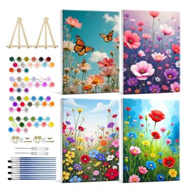 Imagem de HeeBenor Pacote com 4 kit de pintura de flores por números para adultos tela emoldurada, pintura de flores por número com cavalete, kits de pintura floral para adultos DIY por números tela emoldurada