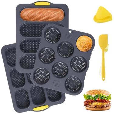 Imagem de Conjunto de moldes de silicone para pão de hambúrguer, 6 peças, formas de 4/8/9 xícaras com escova, espátula e luva à prova de calor, assadeiras perfuradas antiaderentes
