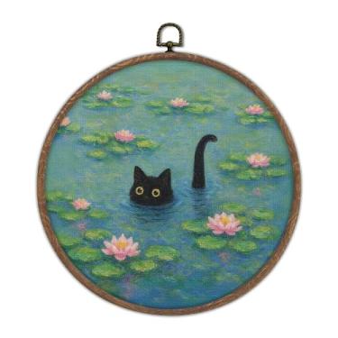 Imagem de DTLGTG Arte engraçada de parede de gato, impressão em tela emoldurada redonda de 25,4 x 25,4 cm, pintura de gato fofo para decoração de banheiro, pôsteres vintage extravagantes para estética de quarto