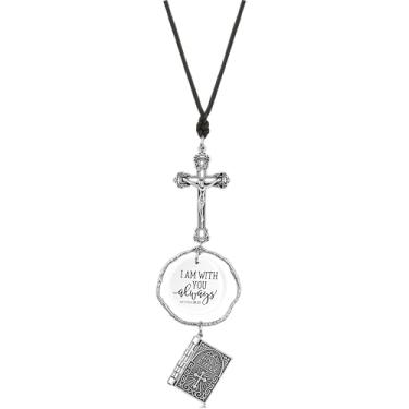 Imagem de Fullrainbow Ornamento de cruz para pendurar espelho de carro cristão com medalha de São Cristóvão, pingente de carro religioso, cordão preto com escritura Mateus 28:20 (Bíblia sagrada branca)