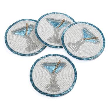 Imagem de Olio Marfa Conjunto de 4 porta-copos de casa de fazenda com contas - porta-copos redondos de 10 cm, design boêmio, decoração de mesa absorvente para bar, festas, outono, azul-petróleo marfim