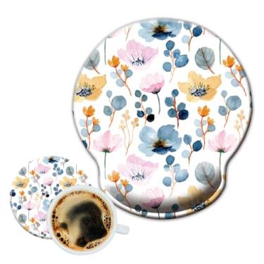 Imagem de Kewao Mouse pad floral com descanso de pulso - mousepad ergonômico de escritório com base de borracha antiderrapante, design de acessórios de mesa tapete para decoração de casa e jogos flores brancas