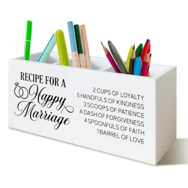 Imagem de YTRGI Presentes de casamento para recém-casados, noivos, noivos, porta-lápis, organizador para mesa, presentes recém-casados, receita para um casamento feliz, placa de bloco de madeira para decoração