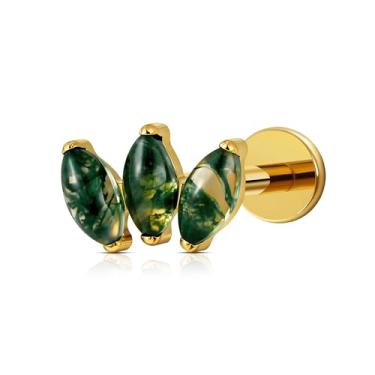 Imagem de FINE4U Piercing corporal dourado 16G Flower Moss Agate Marquise para Helix Flat Tragus Lobe 16G 6 mm 8 mm - ASTM F136 titânio parafuso na parte traseira plana, brinco hipoalergênico para cartilagem