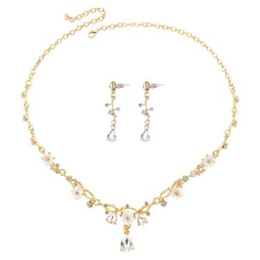 Imagem de Conjunto de joias de dama de honra floral com colar e brincos de strass dourado