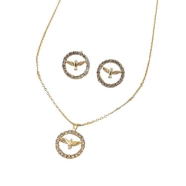 Imagem de Colar e Brincos Conjunto Divino Espirito Santo Folheado a Ouro Pingente Circular com Cristais Corrente Delicada