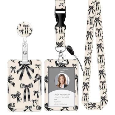 Imagem de Cordão retrátil para crachá de identificação com clipe e chaveiro, ajustável, bonito carretel de separação, durável, perfeito para mulheres enfermeiras, professoras, trabalhadoras de escritório (laços