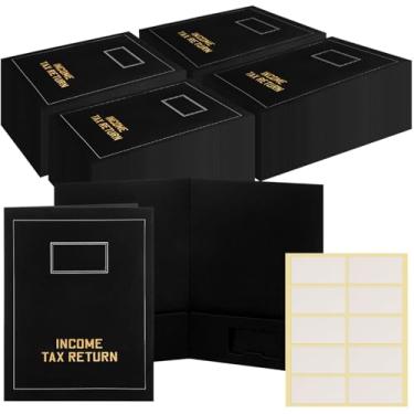 Imagem de Kisston 100 pastas de declaração de impostos a granel 2 bolsos folha dourada carimbada pastas de imposto de renda com etiquetas arquivo comercial escritório organizador em branco (preto)