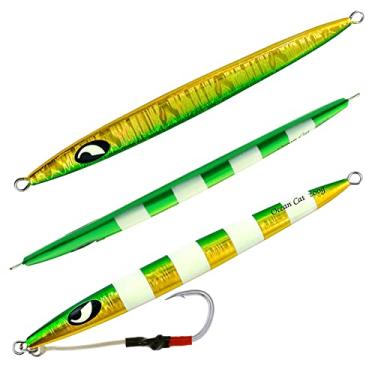 Imagem de OCEAN CAT Iscas de pesca rápidas e lentas de metal com chumbo que brilham em água salgada em alto mar, iscas de arremesso lento, anzóis verticais (#012: verde e dourado, 250 g)