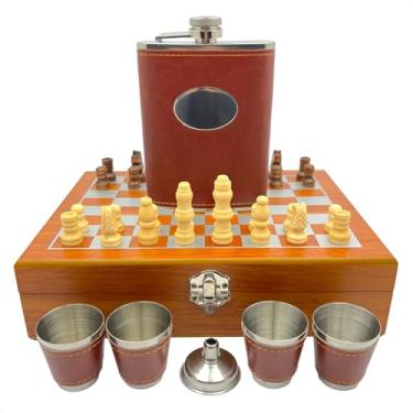 Imagem de Kit Premium de Xadrez com Cantil e Copos, Maleta em Madeira Marrom 24x18,5x6,5cm, Conjunto com 32 Peças, 4 Copos e Cantil 236ml em Aço Inox e Couro