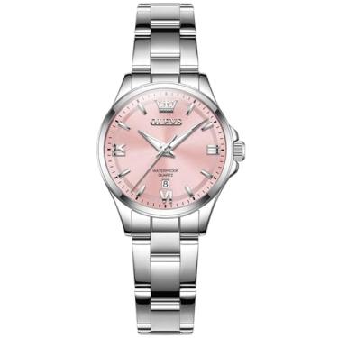 Imagem de OLEVS Relógios femininos de aço inoxidável, relógio feminino prateado de luxo com data, analógico à prova d'água, quartzo delicado, mostrador branco/rosa/azul/roxo, Face rosa/pulseira prata