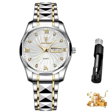 Imagem de Relógio masculino elegante, relógio analógico de quartzo, construção em aço inoxidável, resistente à água, função cronógrafo, relógio de pulso casual, mostrador branco prateado 818