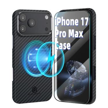 Imagem de MONOCARBON Capa de fibra aramida para iPhone 17 Pro Max, ultrafina de 0,14 cm e leve de 24,7 g, fina de 17,5 cm com [moldura de câmera de metal], [compatível com MagSafe], [fácil de segurar] +