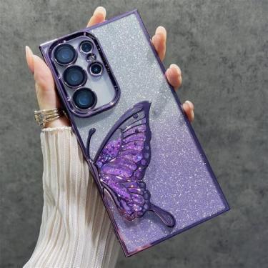Imagem de Capa de celular com glitter, areia movediça, lantejoulas, borboleta, gradiente, para Samsung S24 Ultra S24 Plus, lente de revestimento de luxo, capa protetora traseira, roxa, para Galaxy S24Ultra