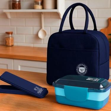 Imagem de Kit Bolsa Térmica Lancheira Necessaire com Porta Talheres Portátil e Pote Marmita 2 Andares de 950ml Para Vaigem Armazena Aliementos Primum (Azul)