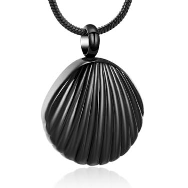 Imagem de mingkejw Colar de urna de concha para cinzas, joia de cremação para mulheres e homens, pingente de concha de aço inoxidável, colar memorial para animais de estimação humanos, joias de lembrança para