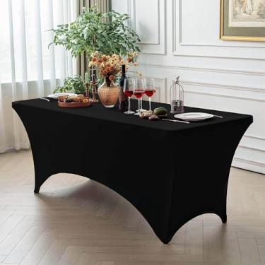 Imagem de FOLINS&HOME Toalha de mesa retangular preta de 1,8 m com elástico, resistente à água, lavável e lavável para mesas dobráveis de 1,8 m, toalha de mesa elástica para casamentos, banquetes, festas