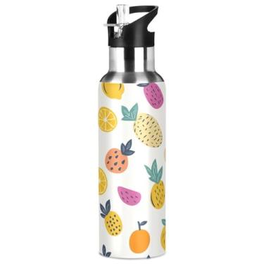 Imagem de ATTX Garrafa de água de aço inoxidável com canudo, design padrão de frutas de desenho animado, 947 ml, garrafa de água esportiva sem BPA para academia, trabalho, atividades ao ar livre e viagens #804