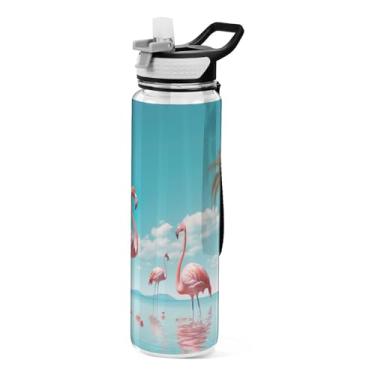 Imagem de ATTX Garrafa de água de flamingos rosa tropical, 947 ml, à prova de vazamento e livre de BPA, garrafas de água reutilizáveis de plástico Tritan para viagens, academia, fitness, corrida #278