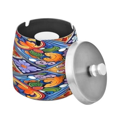 Imagem de Blueangle Cinzeiro mexicano de cerâmica com tampa para cigarros, à prova de vento/chuva, aço inoxidável, sem fumaça, inodoro, cinzeiro para uso interno ou externo (63)