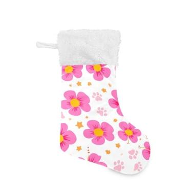 Imagem de GakkiGii Pacote com 2 meias de Natal com flores e impressões de patas, decoração grande para pendurar na parede da árvore da lareira, 45 x 31 cm