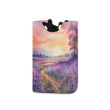 Imagem de ATTX Cesto de lavanderia pôr do sol em um campo roxo com alças acolchoadas – cesto de roupas dobrável à prova d'água para banheiro, quarto, dormitório, cesta organizadora de lavanderia resistente (146