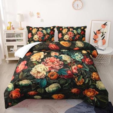 Imagem de Nttopship Jogo de cama King com 3 peças, floral colorido, microfibra ultramacia, conjunto de edredom com 3 peças, para decoração de quarto floral de meninas e adolescentes com 2 fronhas