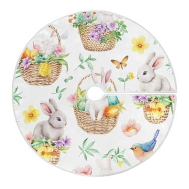 Imagem de Qilmy Saia de árvore de Natal com ovos e coelhos de páscoa 119,9 cm, camurça para árvore de Natal, adequada para decoração de armário em ambientes internos e externos, festas, escritórios, lojas