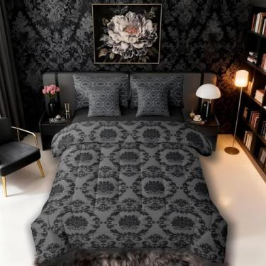Imagem de Erosebridal Conjunto de edredom queen damasco cinza carvão e preto com lençóis, decoração antiga, gótica, vintage, floral, 7 peças, boêmio, conjunto de cama boêmia de luxo