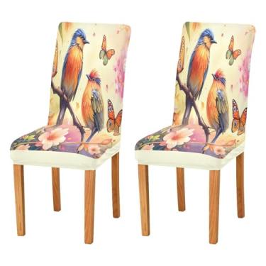 Imagem de Wassud Capa de cadeira elástica para jantar com dois pássaros com borboletas capas de cadeira de cozinha laváveis conjunto de 2