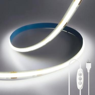 Imagem de ShineBurky Fita de luz LED COB 5V USB branca 6000K, 2 m CRI93+ fita de luz flexível regulável para retroiluminação de TV, cozinha, armário, espelho, decoração de casa
