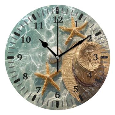 Imagem de CEBUGI 1 chapéu de palha, 1 relógio de parede, operado por bateria, relógios de parede silenciosos sem tique-taque para cozinha, banheiro, quarto, escritório, decoração 25,4 cm