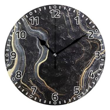 Imagem de WELLDAY Relógio de parede sem tique-taque 25 cm - Relógio redondo silencioso de quartzo operado por bateria de mármore preto dourado para casa/escritório/cozinha/sala de aula