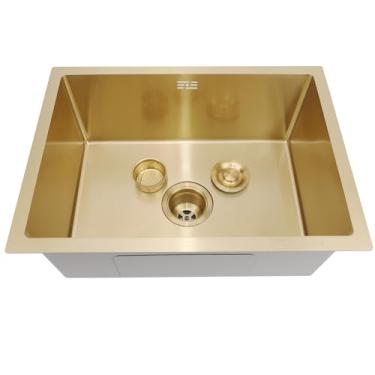 Imagem de PVXMQFFA Pia de preparação dourada de 55 x 40 cm, mini trompete, aço inoxidável, multifuncional, para cozinha, tigela única, com escorredor dourado e componentes de montagem, com cesta de drenagem