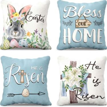 Imagem de LUVIVIHOME Capas de almofada de coelho, capas de almofada decorativas, flor de lírio branco, verde, botânica, fazenda, ovos de Páscoa, coelho, primavera, azul, fronha para sofá, decoração de casa, ao