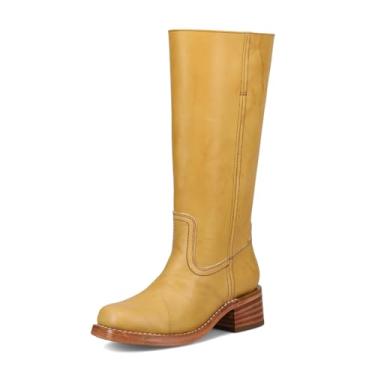 Imagem de Frye Campus 14L Botas altas icônicas para mulheres feitas de couro Montana emblemático com estrutura de costura genuína e salto de couro empilhado, Banana - panturrilha larga, 6 Wide