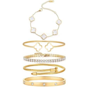 Imagem de Arthur Liu Conjunto de 5 pulseiras empilháveis de flores da sorte, One Size, Aço inoxidável, Zircônia cúbica